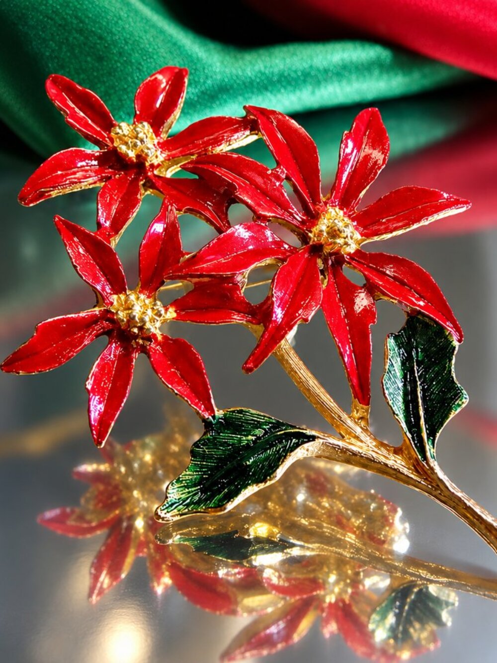 1960s Vintage Christmas Big Poinsettia Brooch Pin Gold w Red Enamel